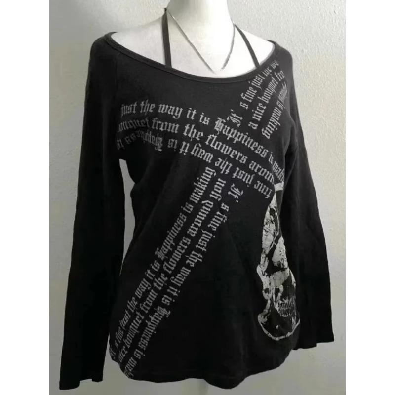 Americké Vintage Tričko Dvě Falešné Části Dámské Streetwear Hip Hop Gotické Harajuku Grunge Y2k Crop Top Černé Lebky Punková Trička