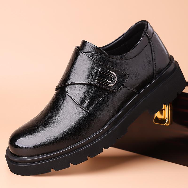 2024 Autumn and Winter New Men's Business Dress Leather Shoes Men's Round Head Platform Velcro Men's Shoes British Casual 9355