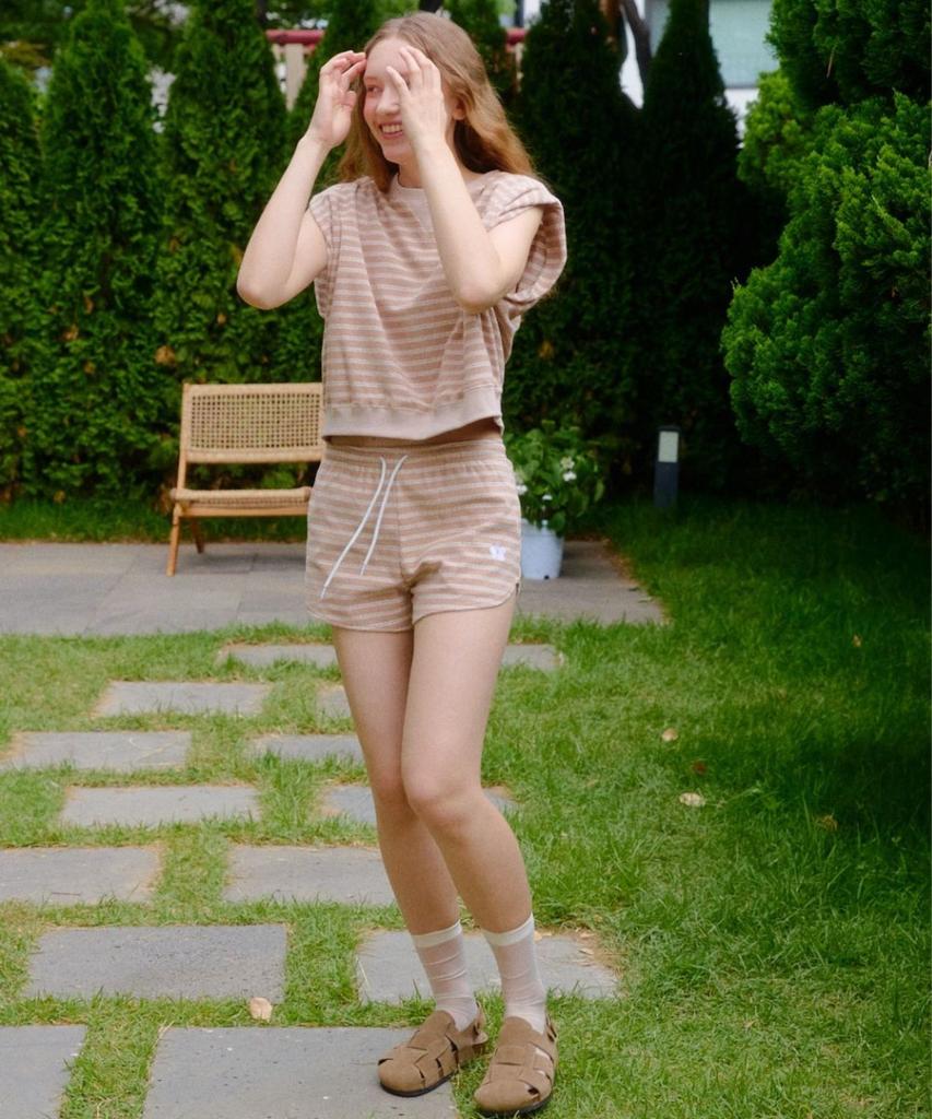 Okuka Striped Terry Shorts - Beige