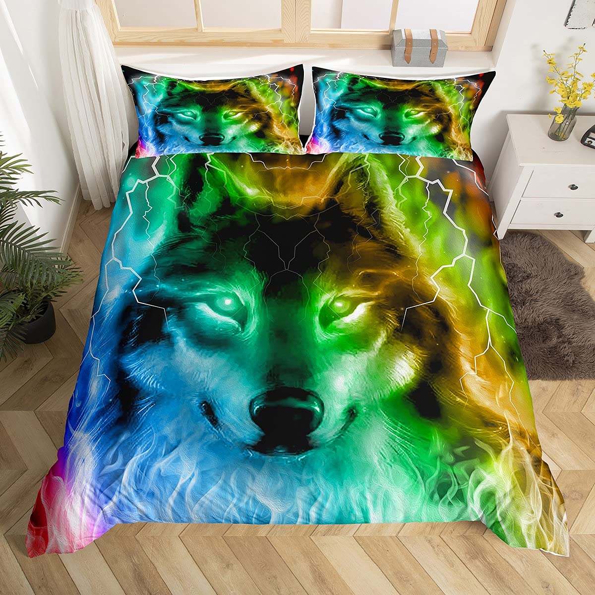 Boys Wolf Duvet Cover Set Queen Size, Boho Wolf Wildlife Animal Bedding Set Men Galaxy Dream Catcher Moon Quilt Cover (135x200cm)