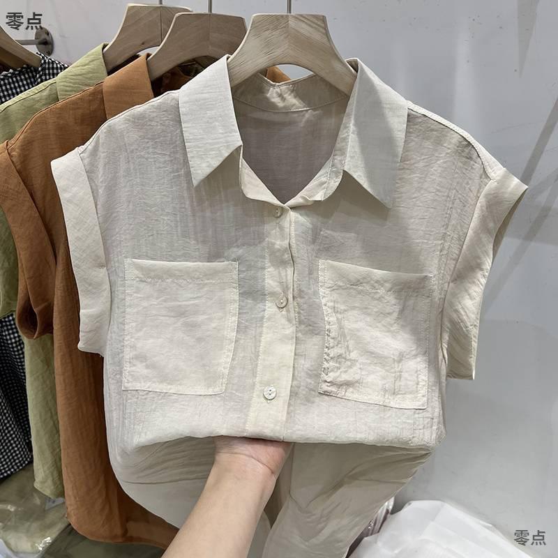 Summer Double Pocket Sleeveless Thin Shirts Loose Solid Color Pure Cotton Women's Blouses & Shirt
