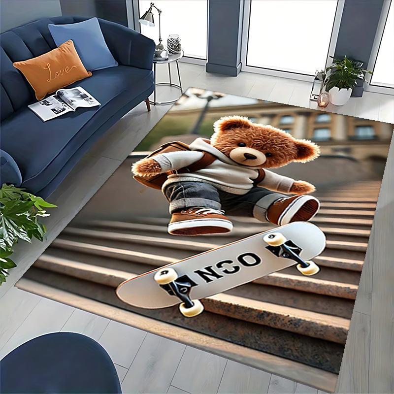 1pc Teddy Bear Skateboarding Chair Mat - Anime Cartoon Design Office Rug for Desk, Home Decor, Living Room, Bedroom, Game Room & Dormitory Carpet, Fes