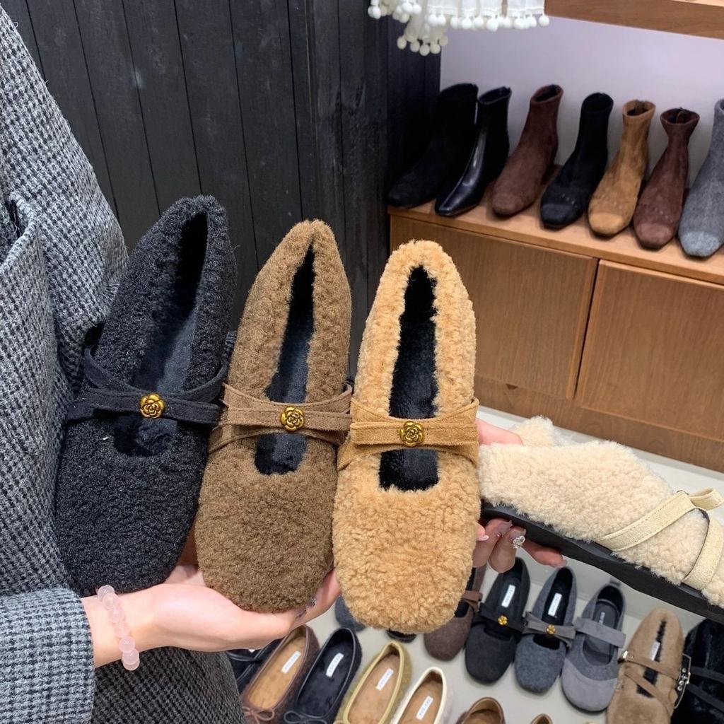Inner height increase gentle shallow mouth Mary Jane shoes autumn and winter soft sole plush beanie shoes women