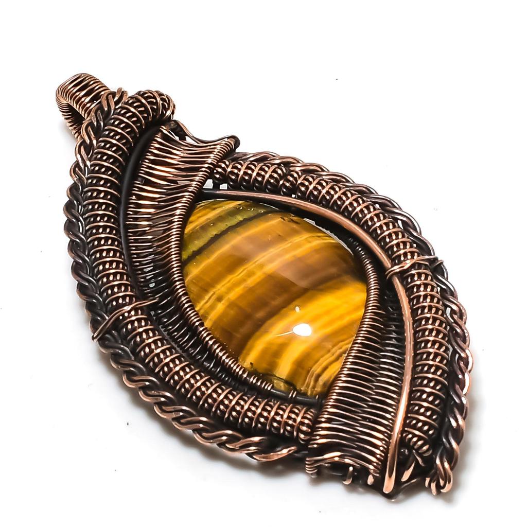 Tiger's Eye 999 Copper Wire Wrapped Pendant, Handmade Gemstone Pendant, Gift For Mom Antique Jewelry