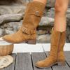 Large-size Round-toe Square-heel Fashion Boots for Autumn and Winter, New Metal Buckles and Mid-leg Women's Boots Worn Outside
