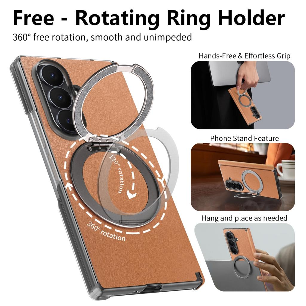Leather for Magsafe Phone Case for Samsung Galaxy Z Fold 8 Ultra 7 6 360 Rotating Ring Stand Shockproof Hinge Protection Cover