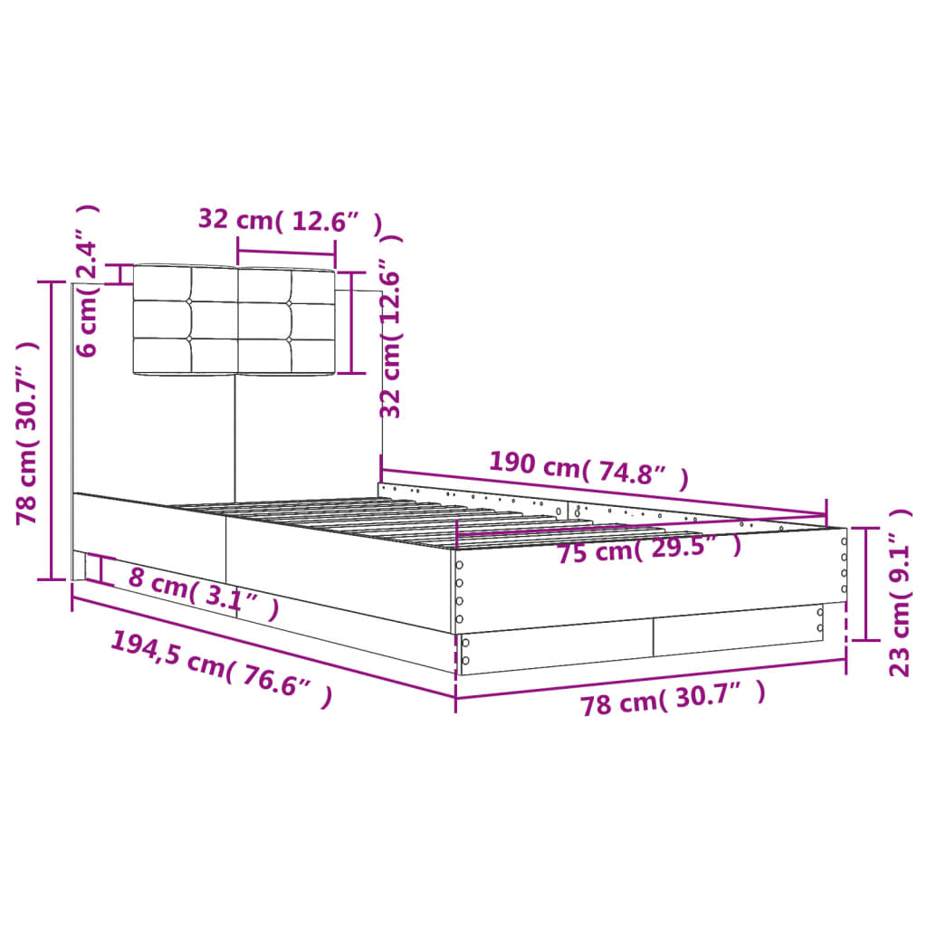 Bed Frame with Headboard Sonoma Oak 75 x 190 cm Wood Based Panel