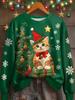 Christmas Women's Sweatshirts Kawaiian Cat Graphic Casual Long Sleeve O-Neck Regular Tops Streetwear Casual Pullover Fall Winter