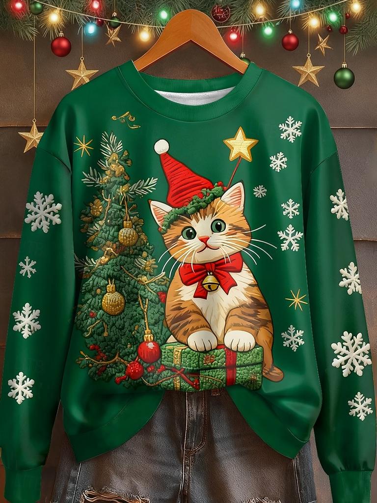 Christmas Women's Sweatshirts Kawaiian Cat Graphic Casual Long Sleeve O-Neck Regular Tops Streetwear Casual Pullover Fall Winter