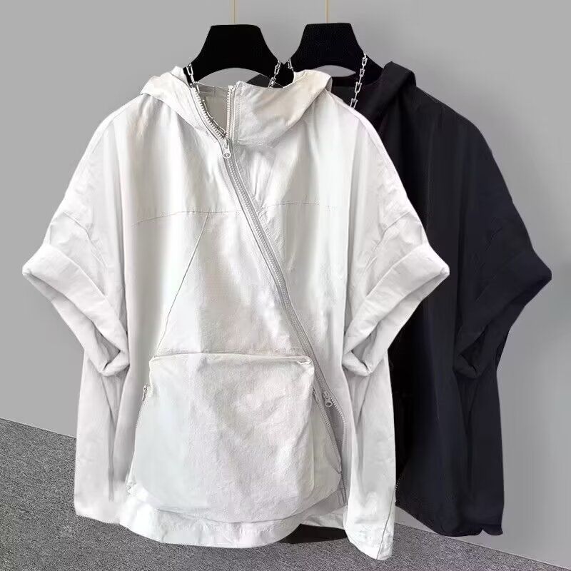 Men's Summer Workwear Short-Sleeve Sweatshirt Solid Color Loose-Fit Relaxed Hooded Sun Protection Jacket