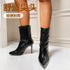 2025 autumn new thin heel short fashion boots wish European and American style pointed high heel leather boots women's rear zipper