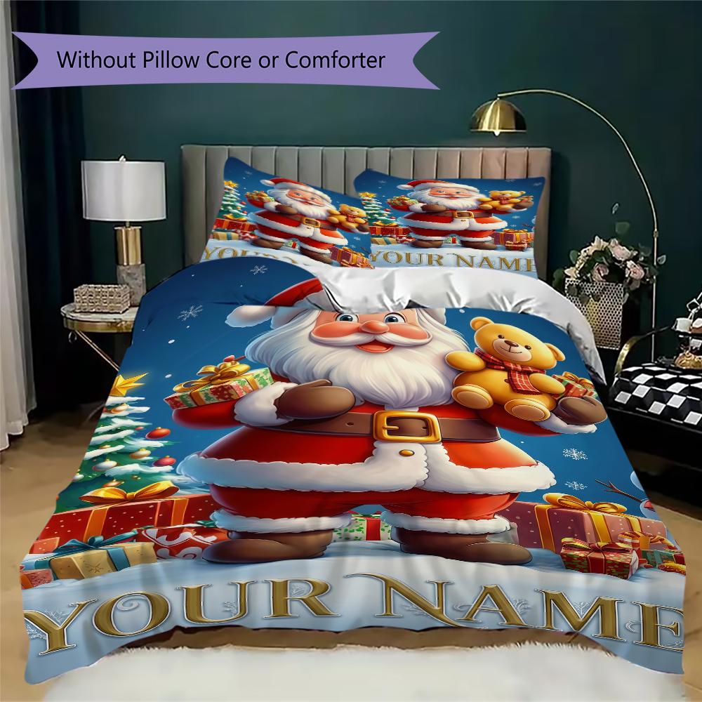 Custom Name Christmas Bears Gifts Bedding,Quilt Set Quilt Cover Pillowcase Home Birthday Gift(1 * Duvet Cover + 2 * Pillowcase, Without Core)_lx