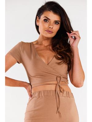 Cotton Wrap Crop Top, Beige M
