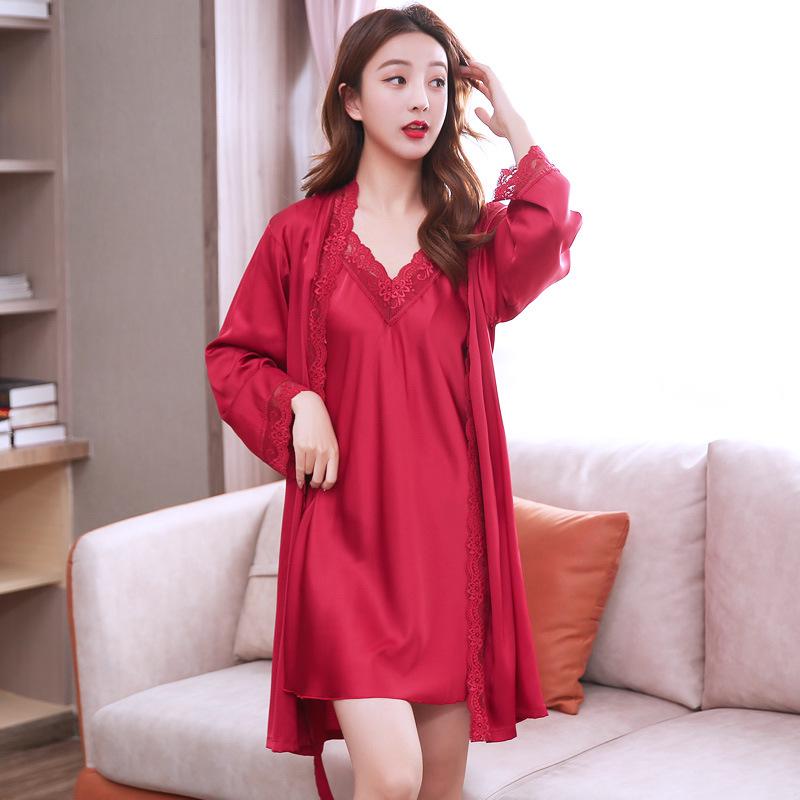Couple Imitation Silk Pajamas Set: Women s Nightgown & Men s Long Sleeve Ice Silk Bathrobe M