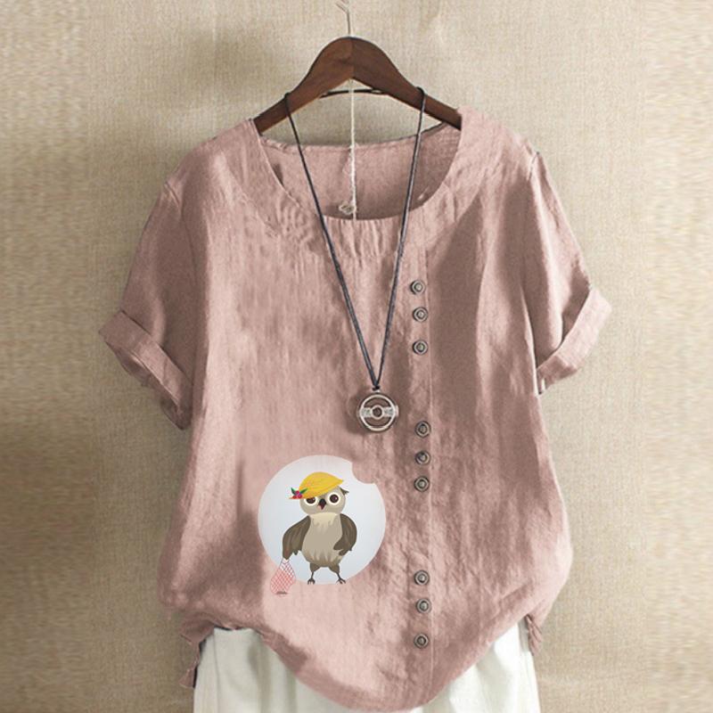 Women's Fashion Owl Prined Short Sleeve T-shirt Loose Cotton Shirt Casual Loose Summer Blouse Tops Plus Size