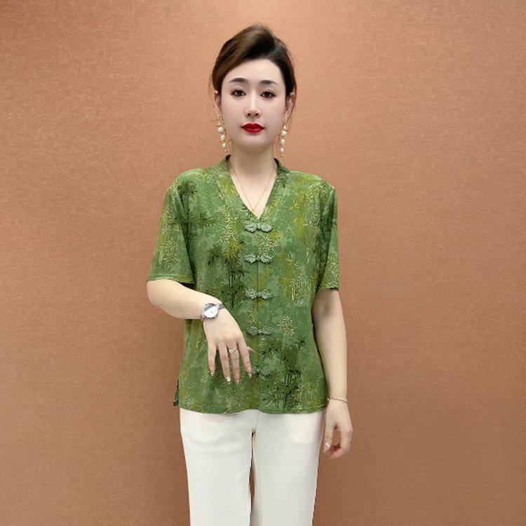 

Women s Casual Chinese Style Printed V-Neck Short-Sleeve Loose Plus Size Top 2XL