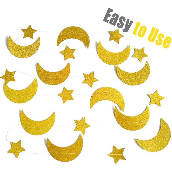 50ft Glitter Moon & Stars Garlands, 6 Pack Gold Double-Side Crescent and Twinkle Stars Paper Hanging Decorations for Birthday Party Baby Shower