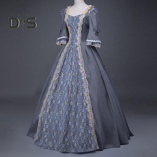 Women Performance Dress Stage Show Retro Royal Style Lace Bow Decor Bell Sleeve Patchwork A-line Hallowen Party Carnival Evening Dress Ball Gown