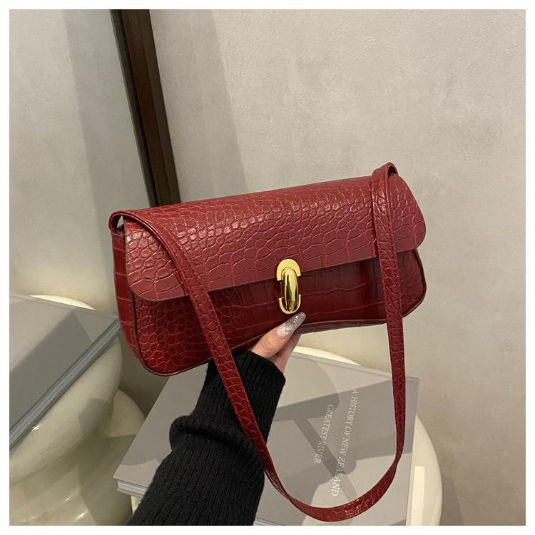 Women Vintage Crocodile Pattern PU Leather Flap Shoulder Underarm Bag Buckle Baguette Tote Bag Female Handbag Purses Solid Color