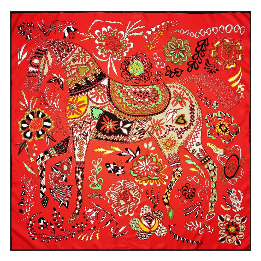 POBING Manual Hand Rolled Twill Silk Scarf Women Floral Horse Square Scarves Echarpes Foulards Femme Wrap Bandana Hijab 90CM