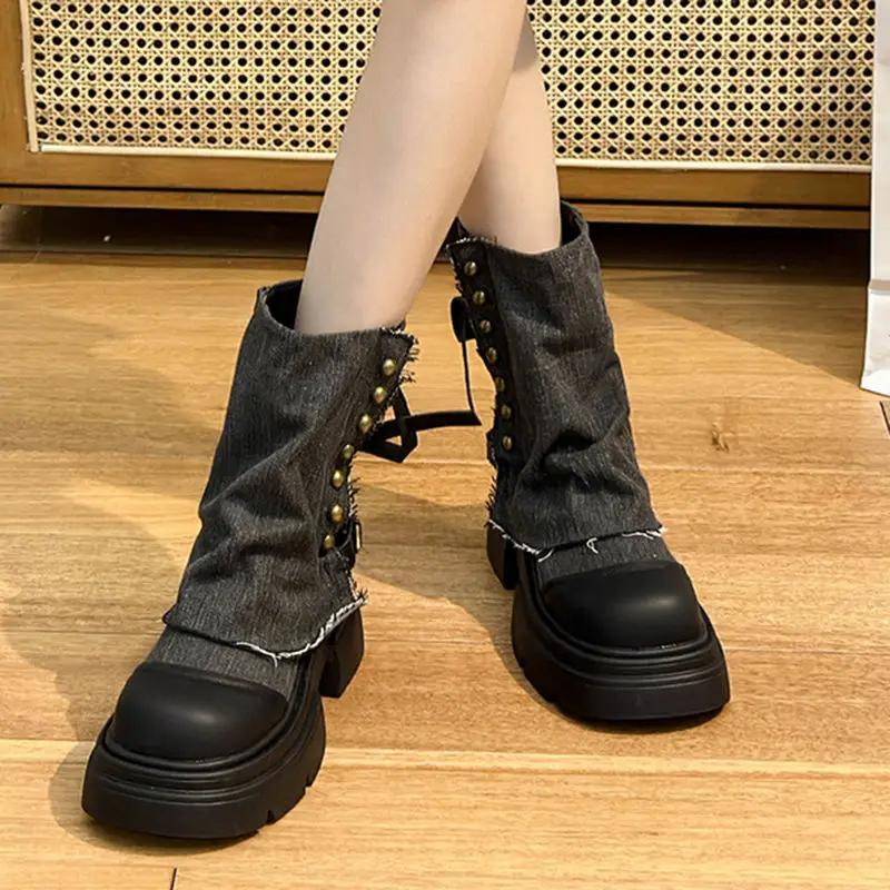 Fashion Ankle Boots for Women Denim Green Lightweight Woman Short Shoes Punk Style On Promotion Goth Autumn Chic and Elegant Hot Booties