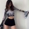 Gothic Flare Sleeve See Through T-shirts Emo Lettuce Hem Sexy Streetwear Punk Aesthetic Print Y2k Mesh Women Crop Tops