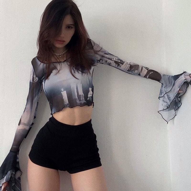 Gothic Flare Sleeve See Through T-shirts Emo Lettuce Hem Sexy Streetwear Punk Aesthetic Print Y2k Mesh Women Crop Tops