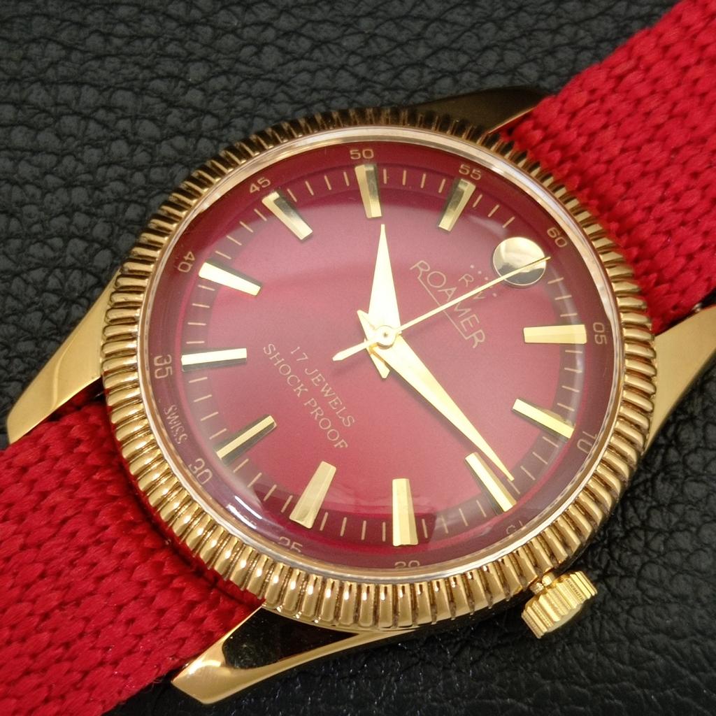 HAND-WINDING VINTAGE SWISS MENS REFURBISHED RED COLOR DIAL WATCH a707415-1