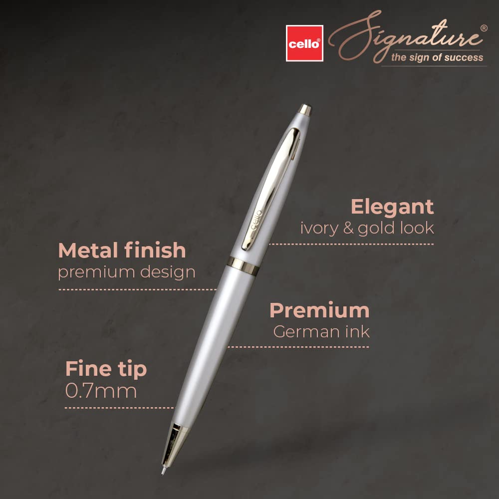 Cello Signature Creme Ivory Ball Pen Pack Of 2 Blue Ink 0.7 Mm Fine Tip Metal Twist Mechanism Office Gift Pen Set