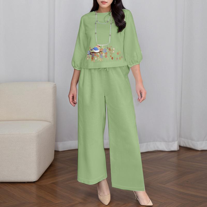 

ZANZEA Женский повседневный костюм-двойка: блузка с рукавом 3/4 и принтом и брюки L зелёный