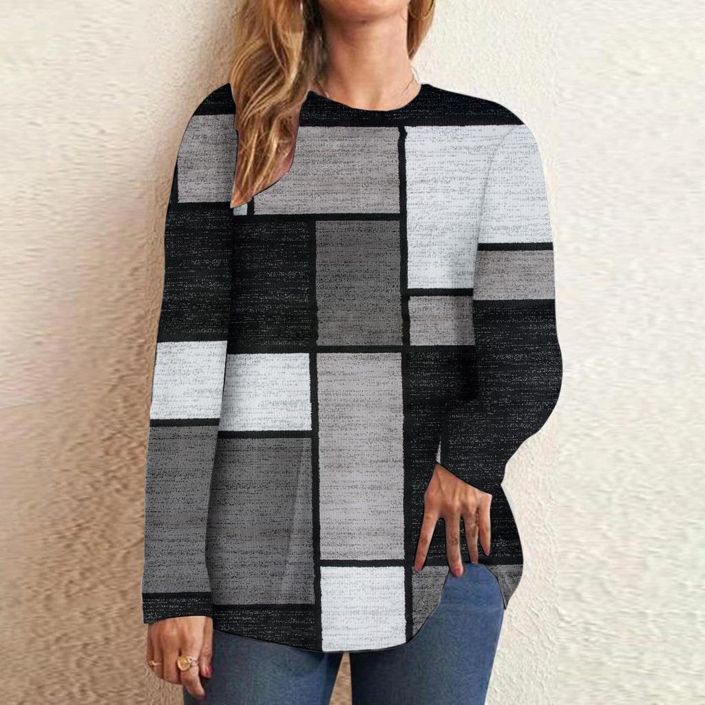 Casual Color Block Long Sleeve Tops For Women Fall Geometric Graphic Crewneck Loose T Shirts Slouchy Tunic Blouses