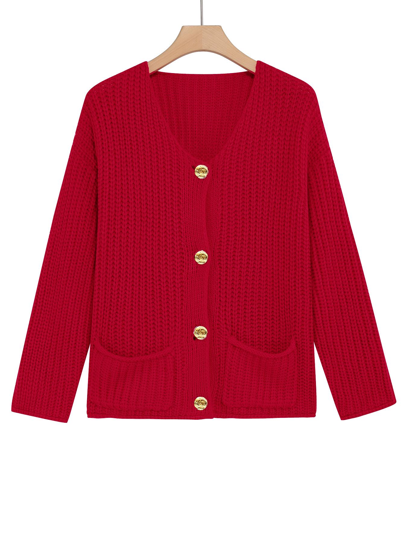 2025 Autumn/Winter Women s Plus Size V-neck Cardigan with Double Pockets - European & American Style 2XL красный