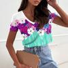 Fashionable and Elegant Temperament Lazy Flower Pattern Print V-neck Short Sleeved Women's T-shirts