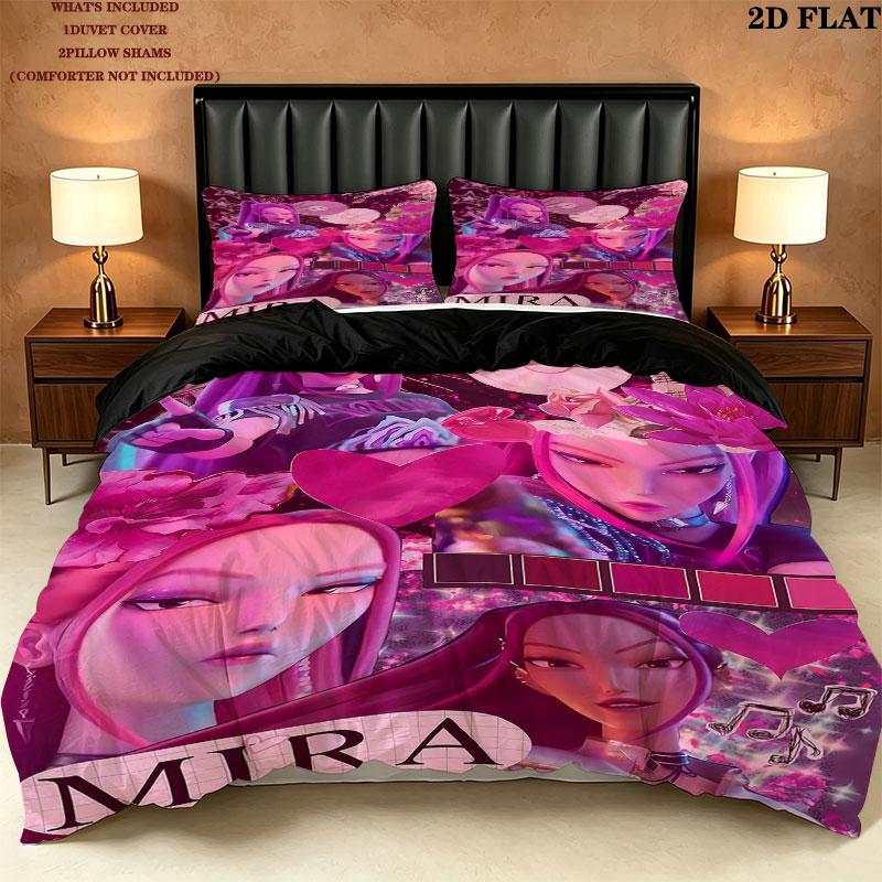 Ensemble de couette Kpop Demon Hunters Motif Housse de couette Taie d'oreiller Maison Cadeau d'anniversaire(1 housse de couette + 2 taies d'oreiller, sans garniture.)