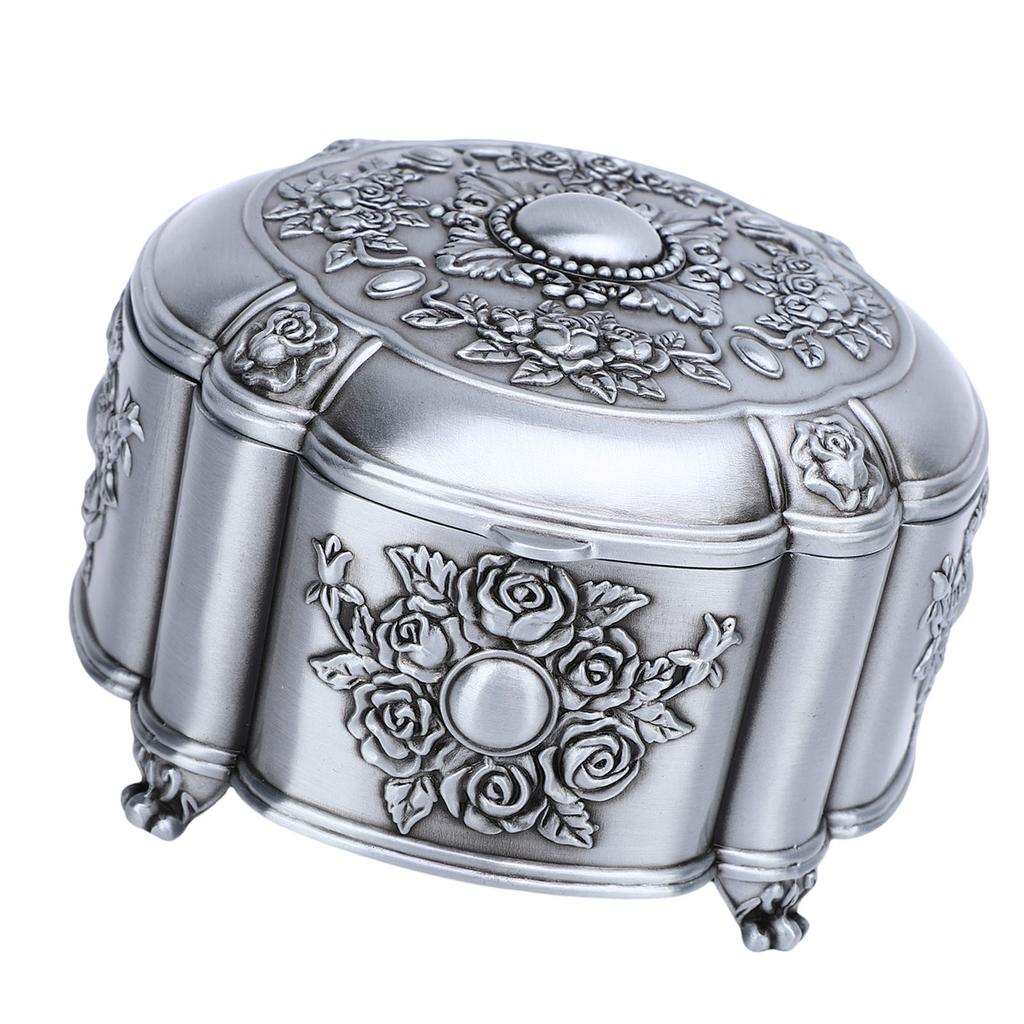 Vintage Jewelry Storage Box Zinc Alloy Antique Trinket Organizer Keepsake Box Emboss Rose Pattern Velvet Interior for
