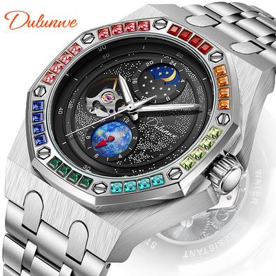 Ensemble Strass Design Lunette Montre Mécanique Automatique Acier pour Homme Tourbillon Lumineuse Étanche Montre-Bracelet pour Homme