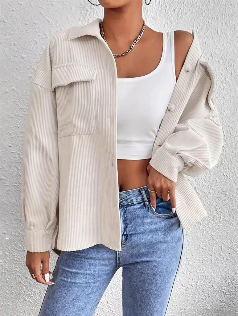 European-American Women's Corduroy Long Sleeve Solid Color Shirt Jacket 2025
