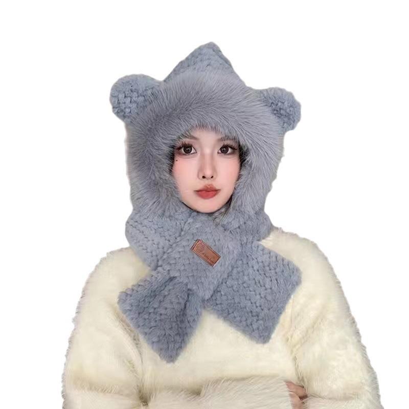 Cute Little Bear Fluffy Hat for Women In Winter Scarf Integrated Warm Ear Protection Hat Thickened Scarf Cold Protection Lei Feng Hat