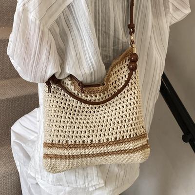 Tote Bag Women's 2025 New Large-capacity Commuter College Students In Class Weaving Soft Hollow Beach Shoulder Bag