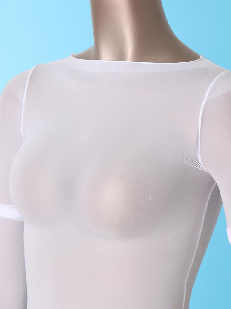 Damen-Bodysuit mit glänzenden Ärmeln, Rundhalsausschnitt und hohem Schnitt, für Tanzaufführungen