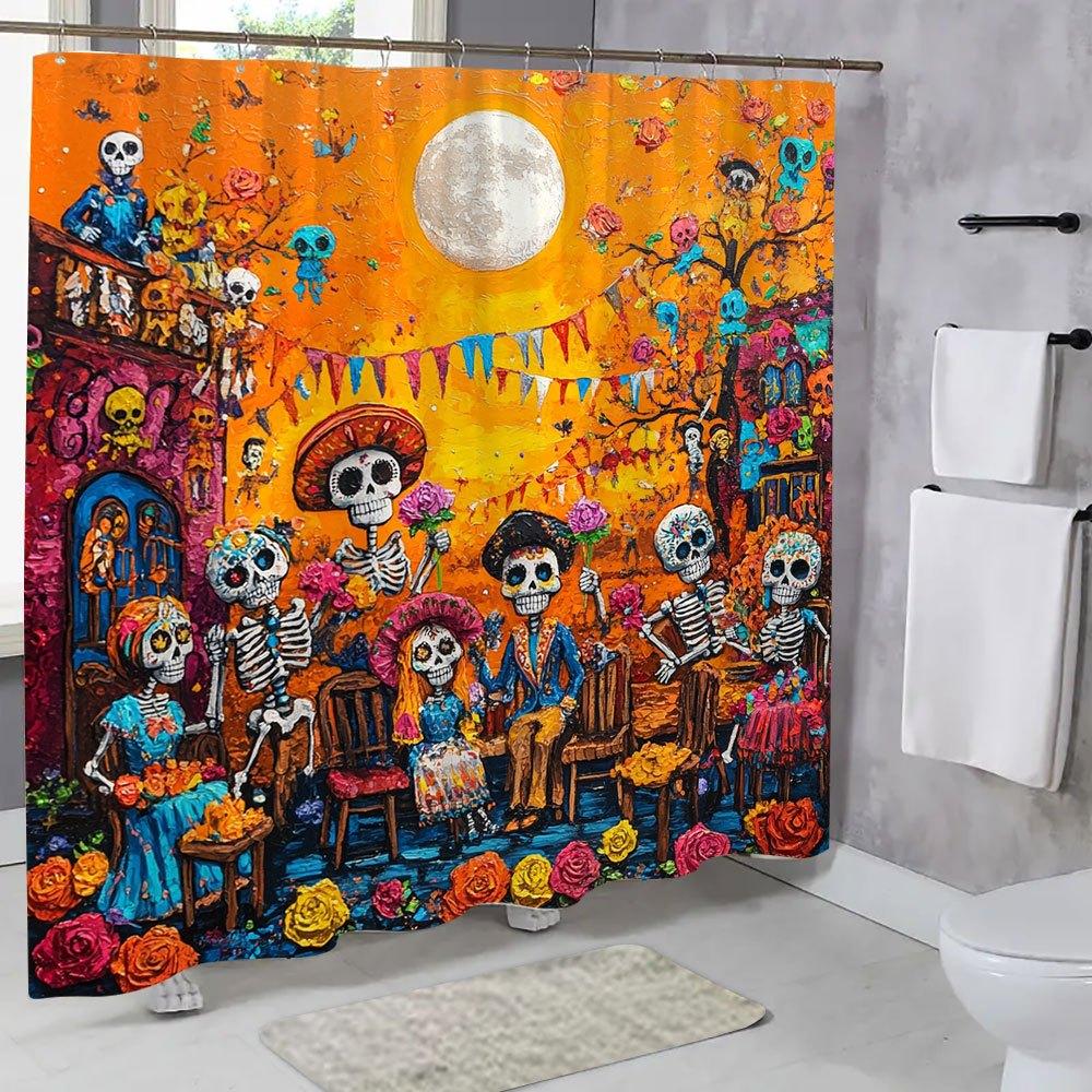Day Of The Dead Couple Shower Curtain - Vibrant Mexican Folk Art With Skeletons In Floral Skirts, Sombreros & Mariachi Band