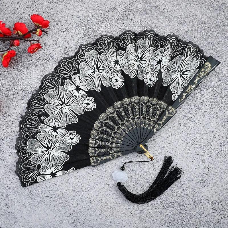 1Pc Chinese Ancient Style Flower Women Folding Fan with Tassel Fringe Hanfu Cheongsam Dance Fan Photo Props Summer Handheld Fan