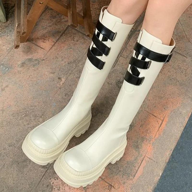 Platform Women Shoes Chelsea High Boots Fashion Punk Leather Motorcycle Boots Winter 2025 New Non Slip Chunky Goth Botas Mujer