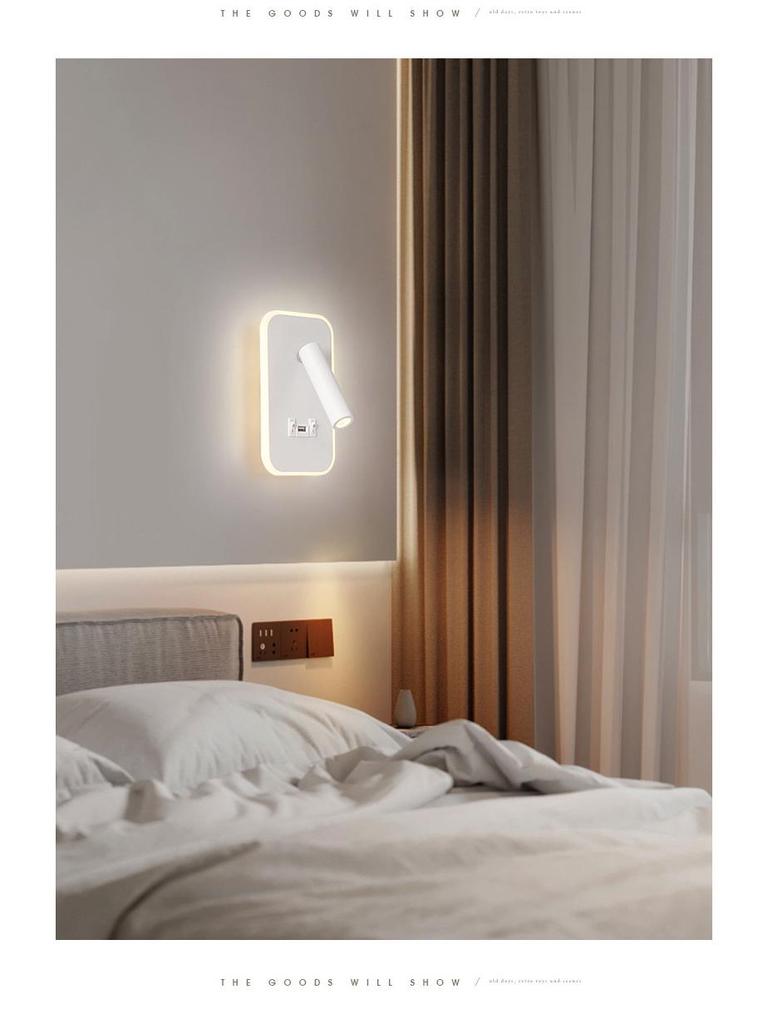 Modern Minimalist Indoor LED Wall Lamp with USB Reading Light for Bedroom or Living Room.