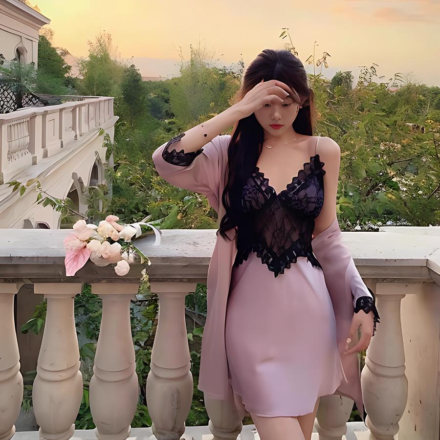 2026 Spring/Summer Ice Silk Lace Nightgown Set for Women with Chest Pads - Sexy and Luxurious Two-Piece Homewear Pajamas