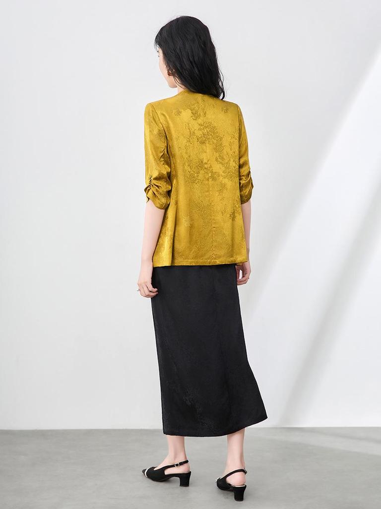 Women's Light Luxury Jacquard Ruched Sleeve V-Neck Lace Blazer