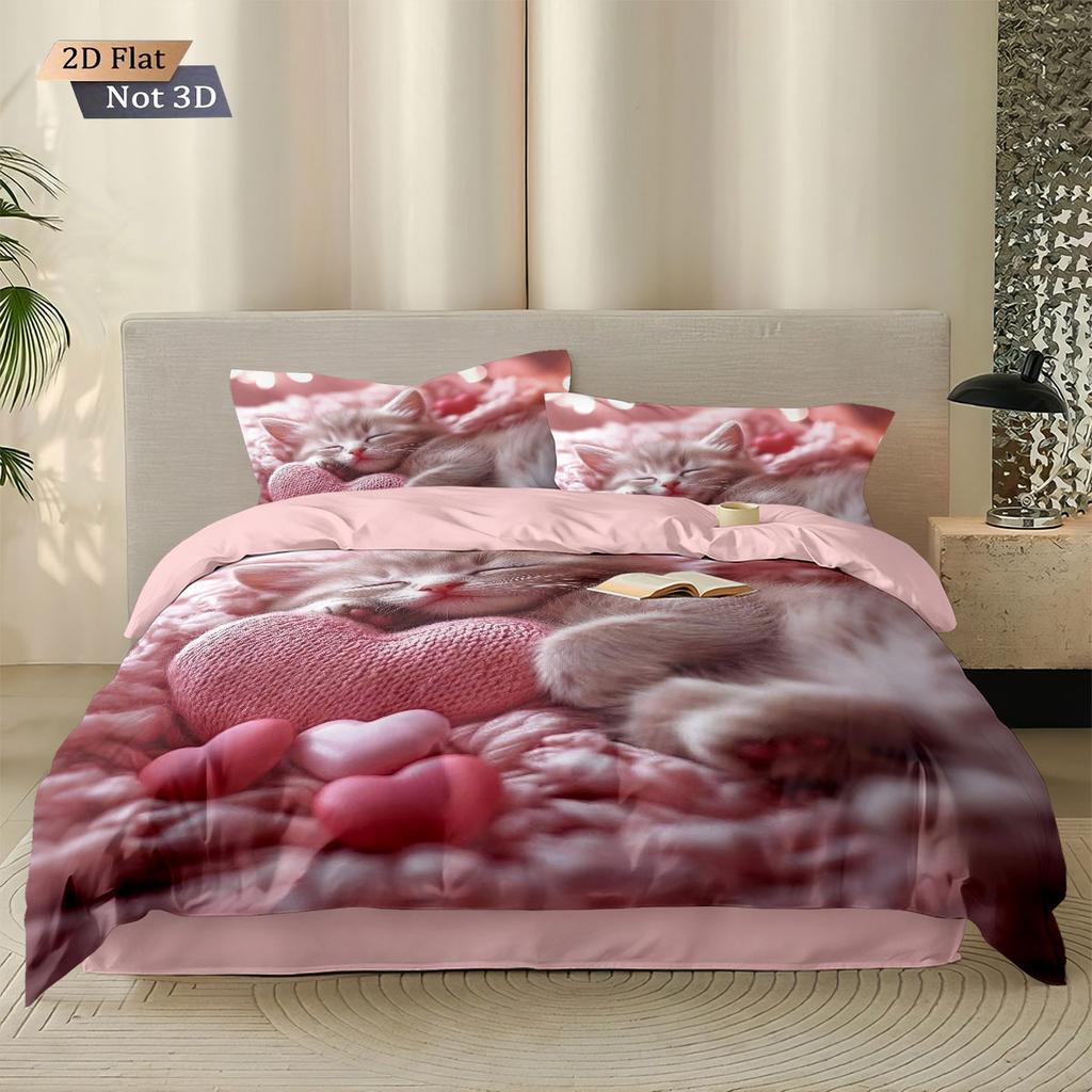 3pcs Valentine's Day theme cute cat print coreless down duvet cover set multi size bedroom bedding holiday decoration