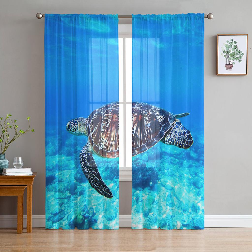 Blue Ocean Green Turtle Tulle Curtains For Living Room Bedroom Decoration Sheer Voile Window Curtains Party Drapes Panels