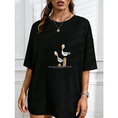 Baumwoll-T-Shirt Weißer Pelikan Cartoon-Druck Sommer Freizeitkleidung