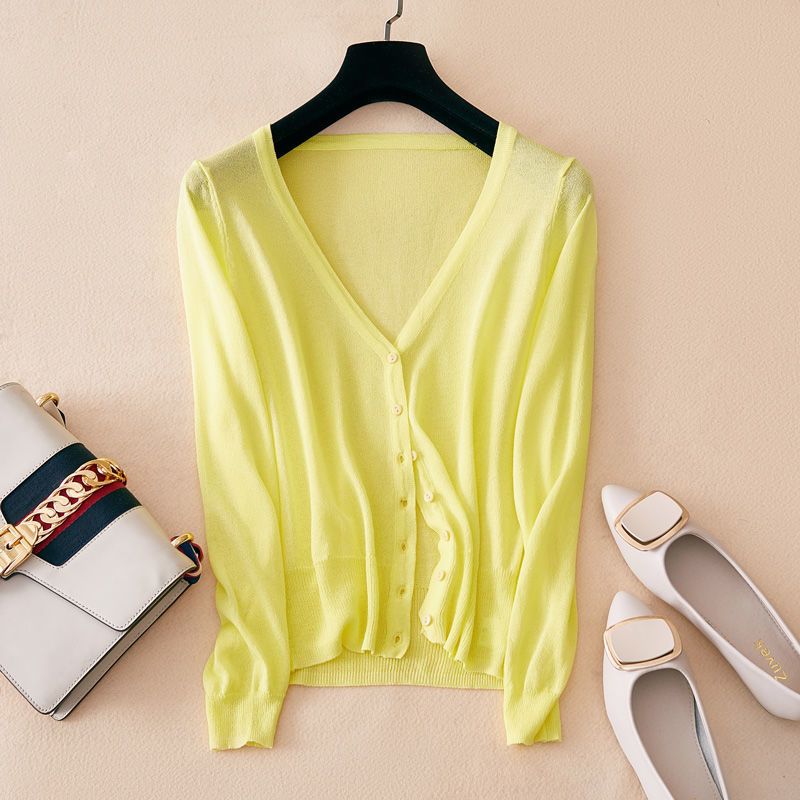 Eis Seide Dünn Gestrickt Damen Cardigan Frühling Sommer Koreanischer Stil V-Ausschnitt Locker Alles Passend Einreihig Sonnenschutz Oberbekleidung